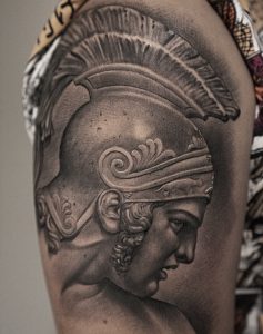 Greek Warrior classic helmet tattoo realism bushwick