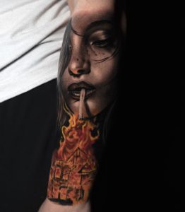 smoking fire girl in black and white tattoo