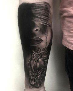 Bind up women with a piece of technology tattoo black and white realism