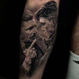 peaky blinders point finfer to the face tattoo realism bushwick