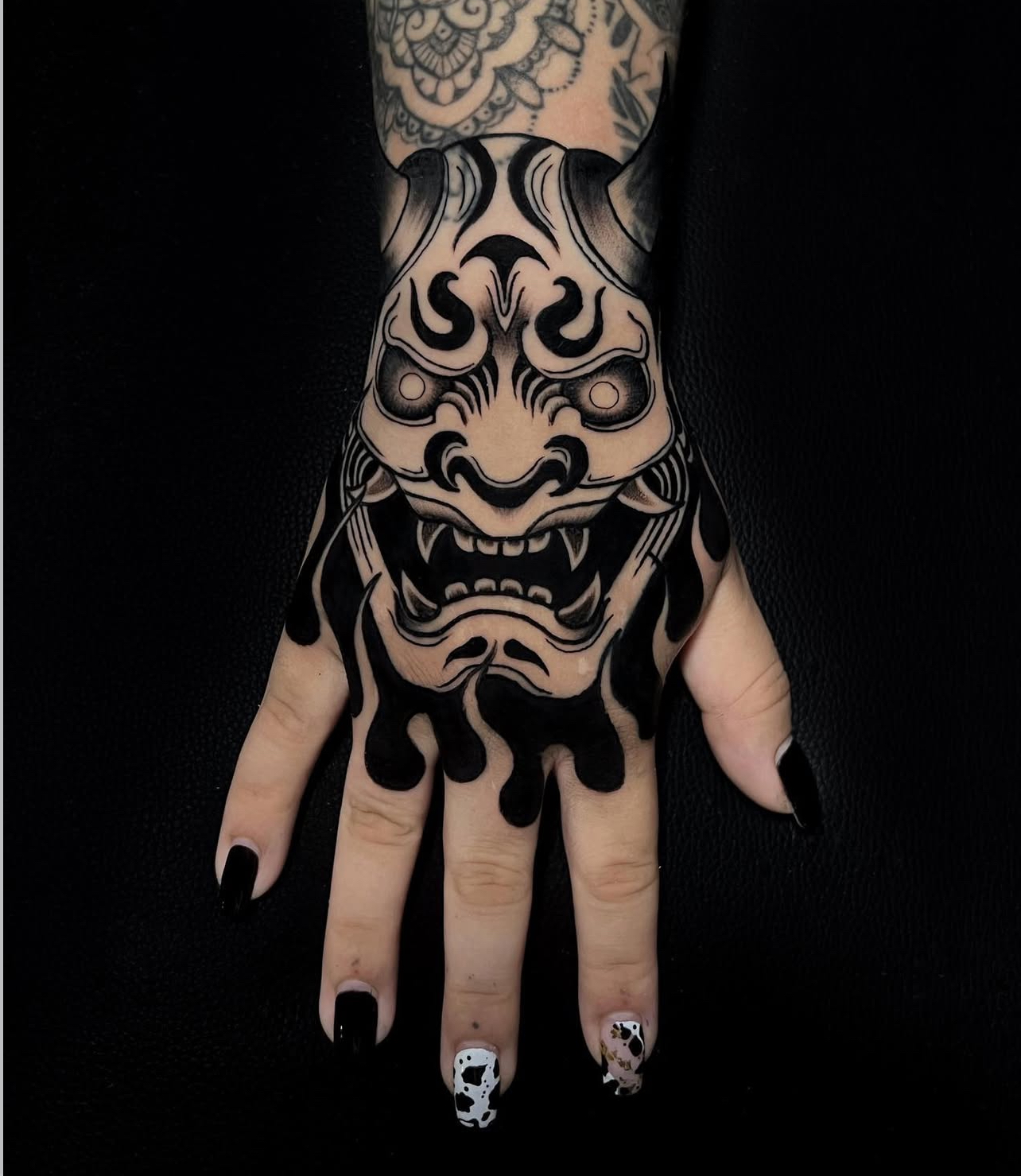 Black Work Hand Tattoo MaskBlack Work Hand Tattoo Oni Mask