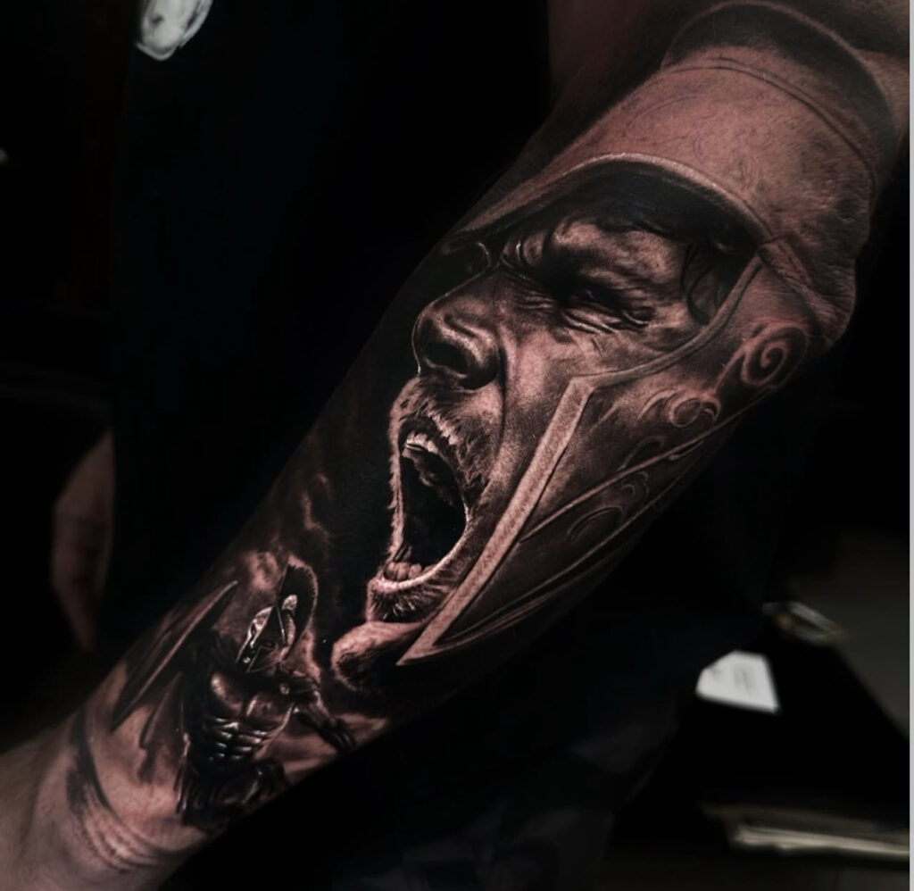 realism portrait, gladiator, photo of sleeve tattoo, black and grey, gray