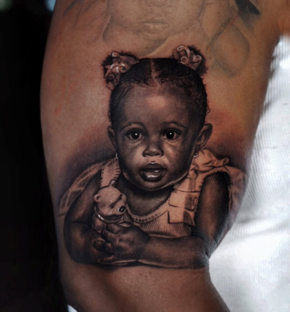 Baby portrait, black and grey, gray, realism